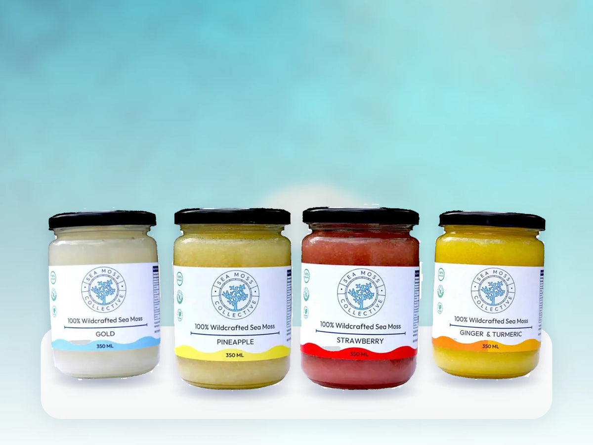 Sea Moss Gels – Gold, Pineapple, Strawberry, Ginger & Turmeric jars